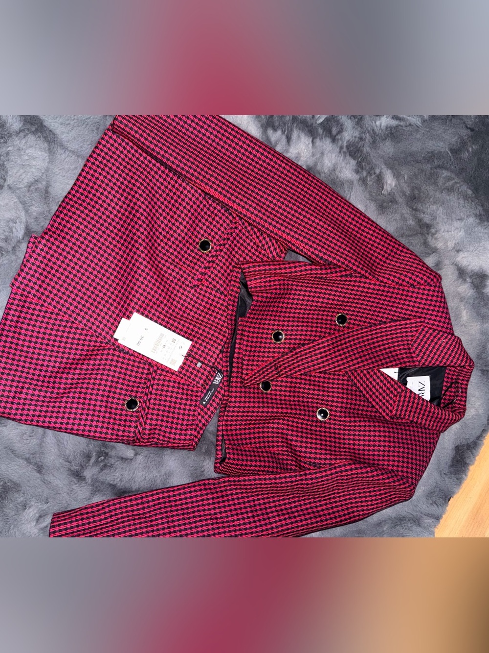 Zara Men's Pink and Black Houndstooth Double-Breasted Pea Coat